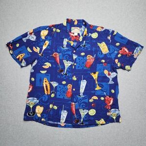 Vintage Paradise Found Shirt XL Blue Hawaiian Camp Martini Cocktails Retro USA